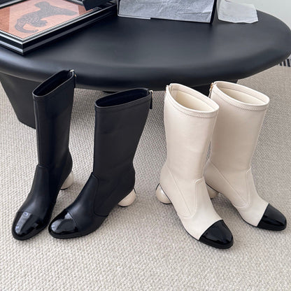 Women's color-blocked pearl ball heel elastic skinny boots
