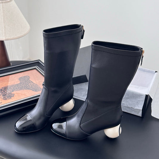 Women's color-blocked pearl ball heel elastic skinny boots