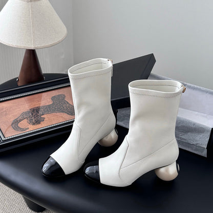 Women's color-blocked pearl ball heel elastic skinny boots