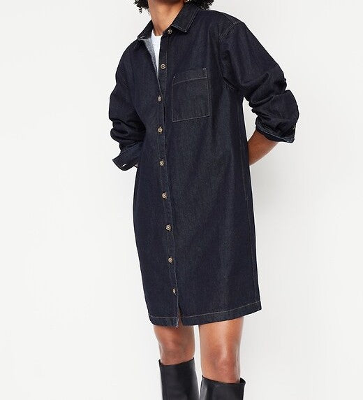 Long-Sleeve Denim Mini Shirt Dress