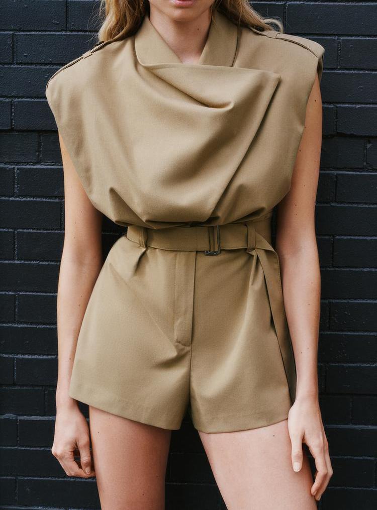 Padded shoulder cropped belt jumpsuit