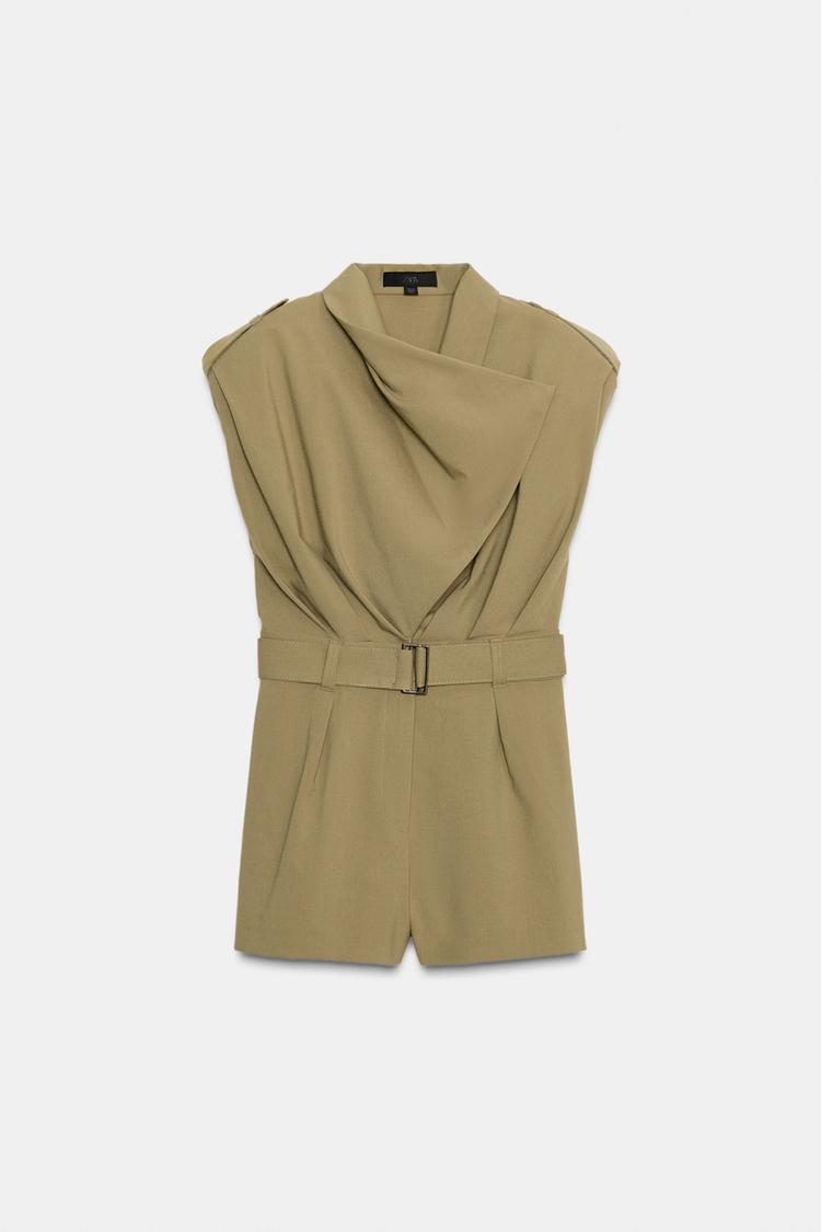 Padded shoulder cropped belt jumpsuit