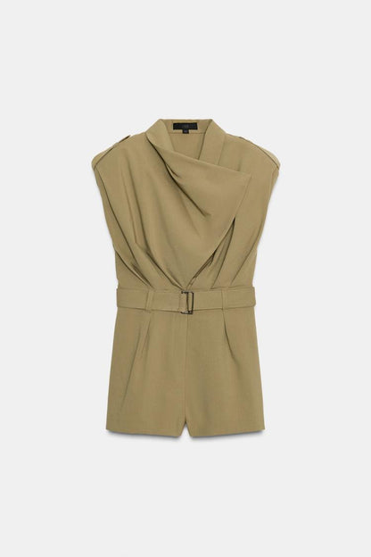 Padded shoulder cropped belt jumpsuit
