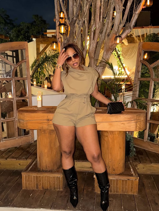 Padded shoulder cropped belt jumpsuit