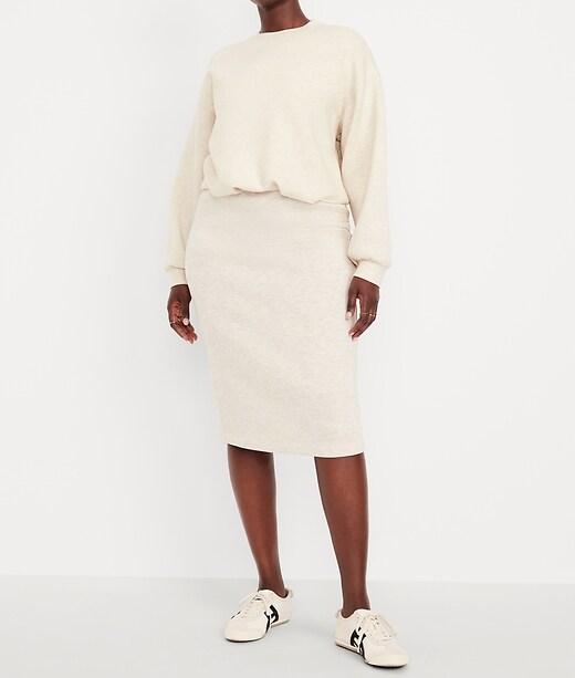 Super high waist elastic plush midi skirt + short long-sleeved sweatshirt set