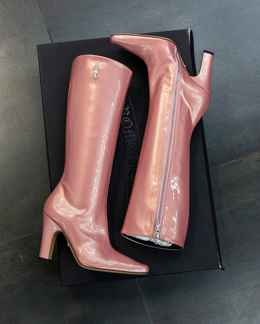 Pink patent leather long riding boots