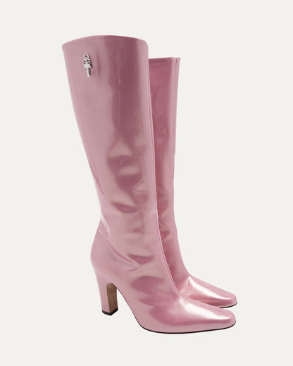 Pink patent leather long riding boots