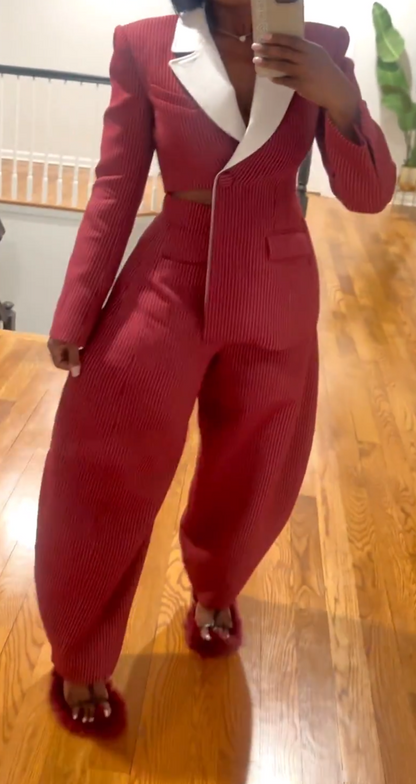 Burgundy pinstripe suit jacket