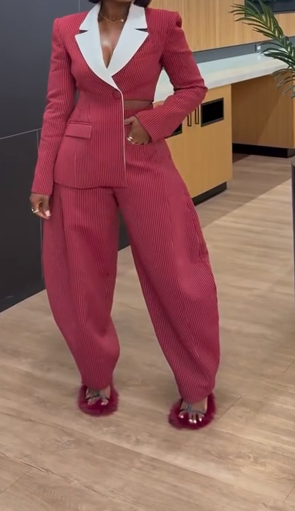 Burgundy pinstripe suit jacket