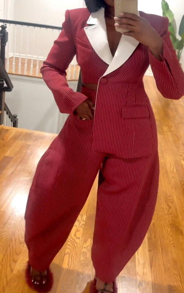 Burgundy pinstripe suit jacket