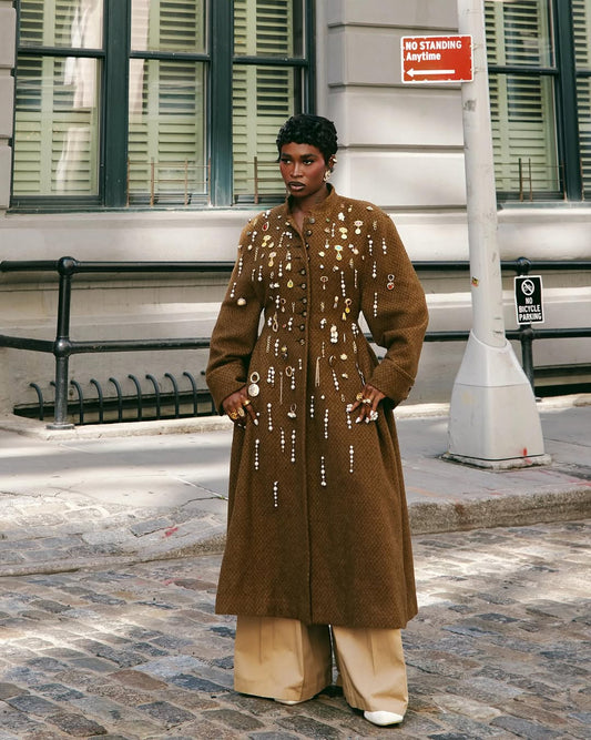 Metal-decorated vintage trench coat