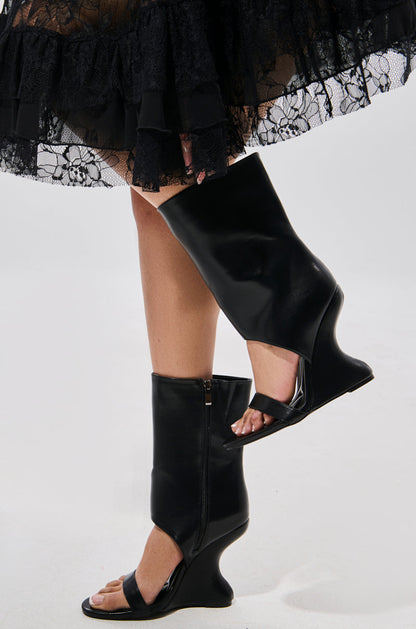 Black wedge open-toe boots