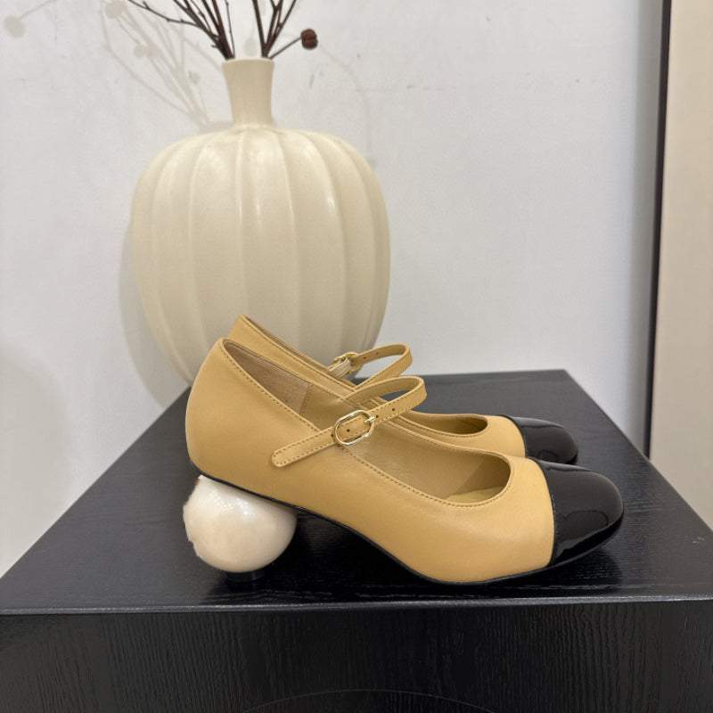 Round toe mid-heeled shoes T-strap high heels