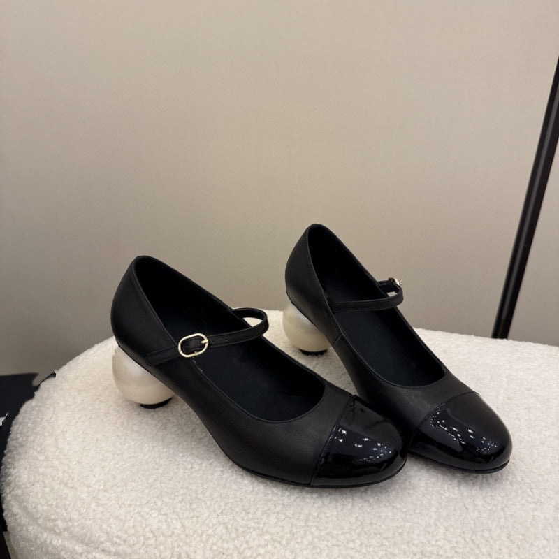 Round toe mid-heeled shoes T-strap high heels