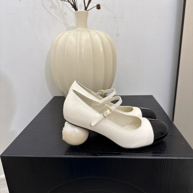 Round toe mid-heeled shoes T-strap high heels