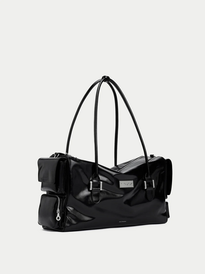Large waxed leather multi-pocket tote bag