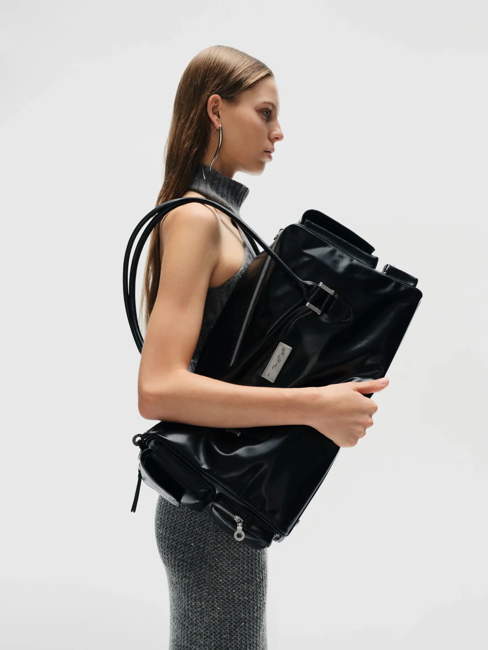 Large waxed leather multi-pocket tote bag