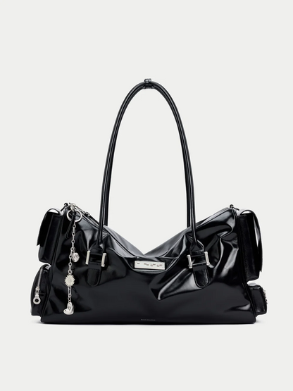 Large waxed leather multi-pocket tote bag
