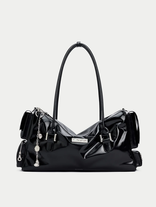 Large waxed leather multi-pocket tote bag