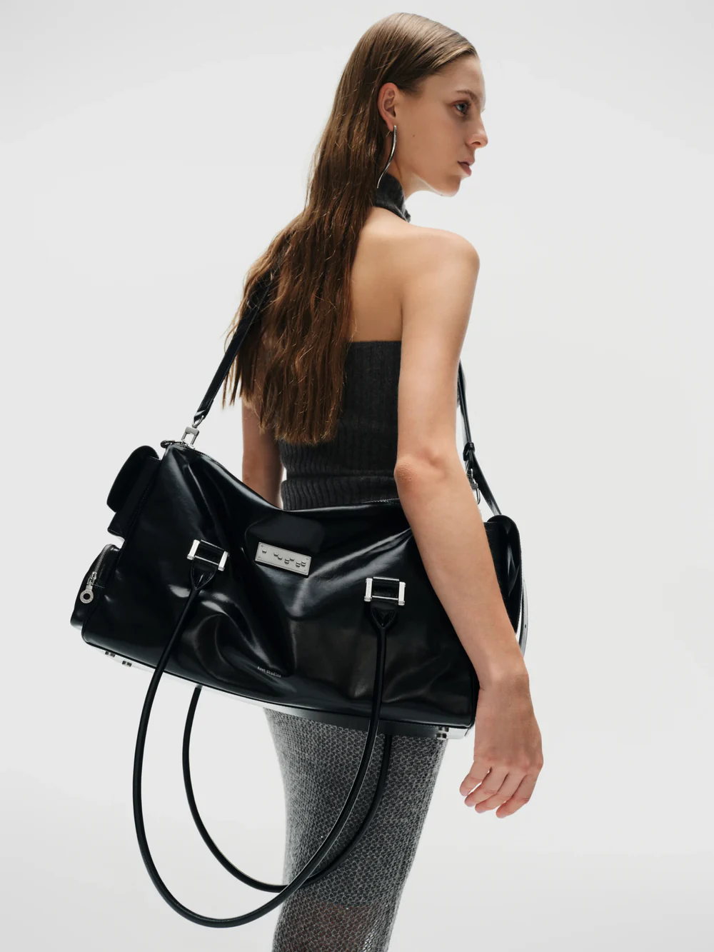 Large waxed leather multi-pocket tote bag