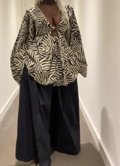 Zebra striped bat sleeve top + wide-leg pants set