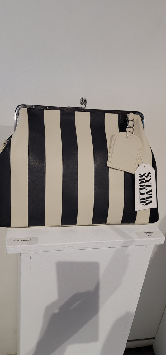 Embossed premium leather stripe kiss lock bag