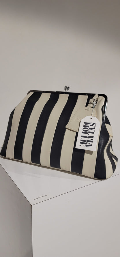 Embossed premium leather stripe kiss lock bag