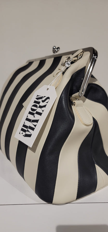 Embossed premium leather stripe kiss lock bag