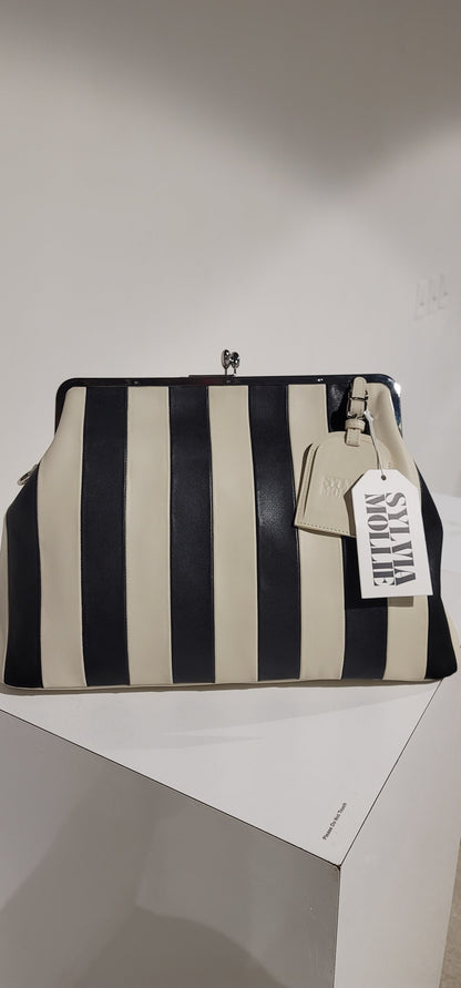Embossed premium leather stripe kiss lock bag