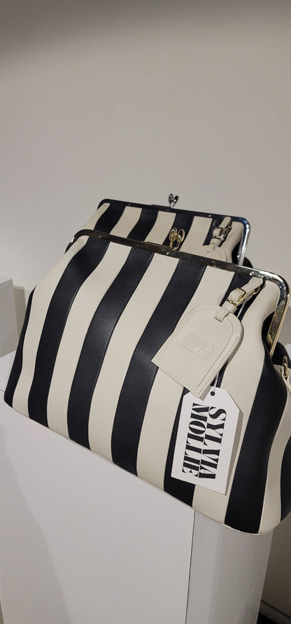 Embossed premium leather stripe kiss lock bag