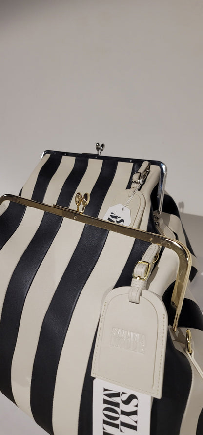 Embossed premium leather stripe kiss lock bag