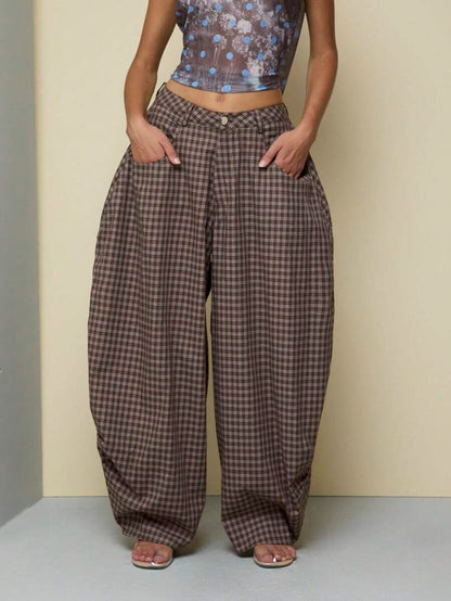 Low-rise loose straight-leg plaid trousers