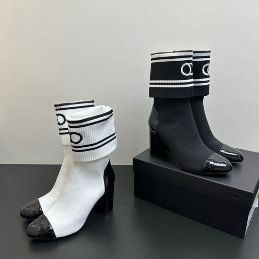 Spliced knitted elastic sock boots with chunky high heels