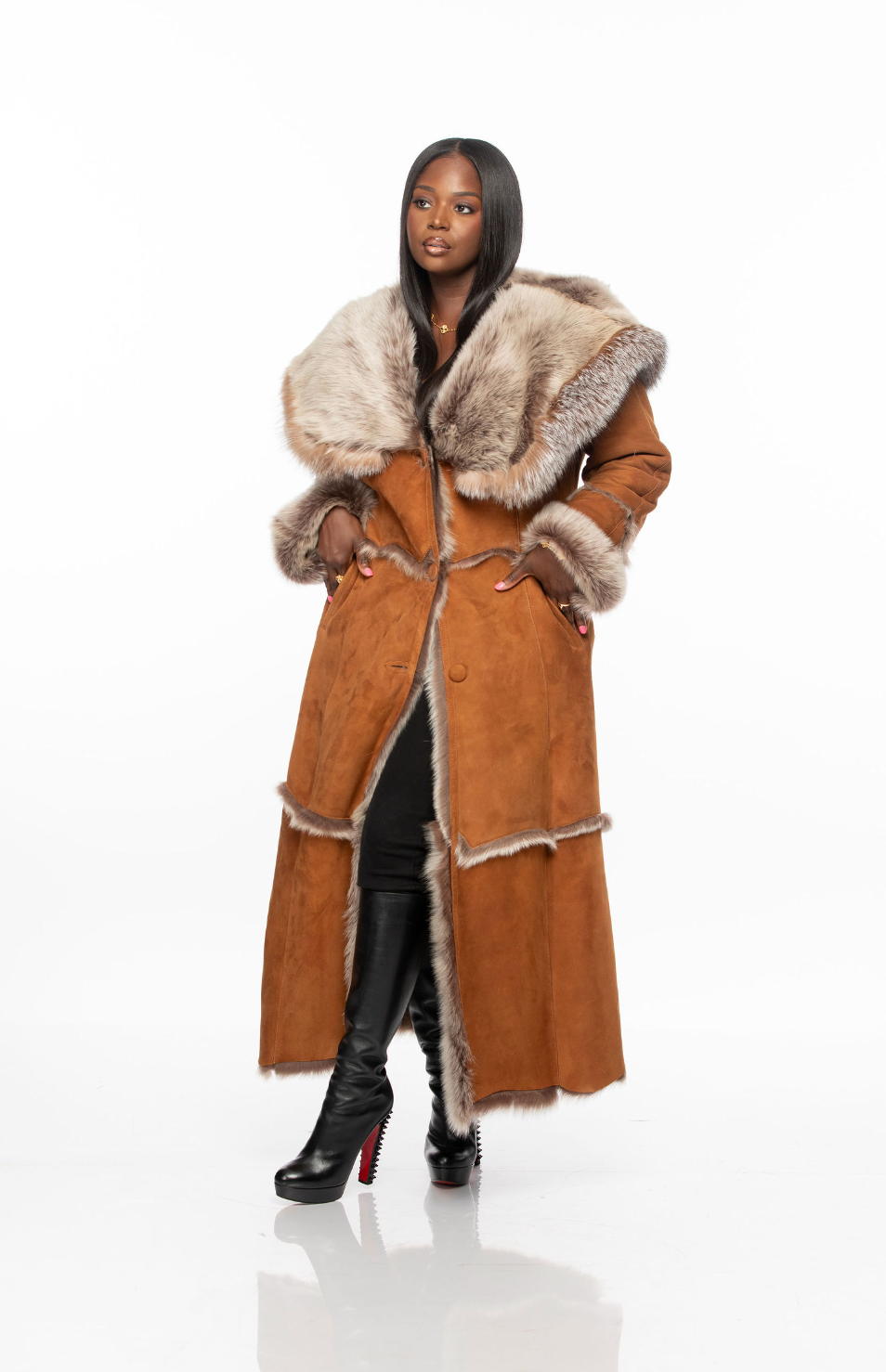 Long-sleeved fur collar long coat