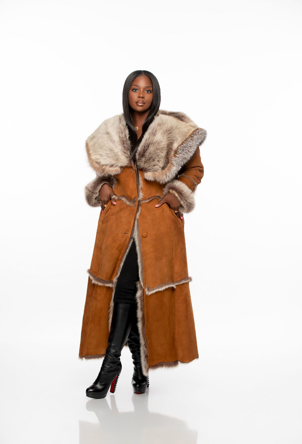 Long-sleeved fur collar long coat