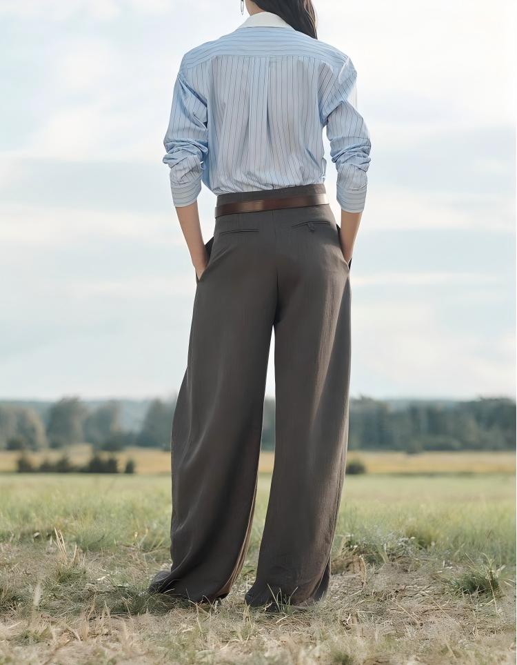 Wool-blend loose-fitting pleated trousers