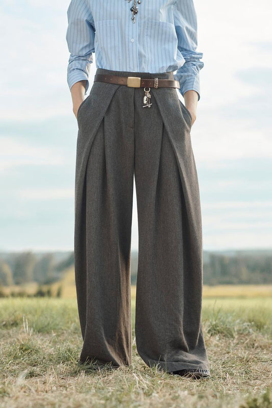Wool-blend loose-fitting pleated trousers