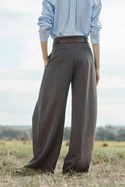Wool-blend loose-fitting pleated trousers