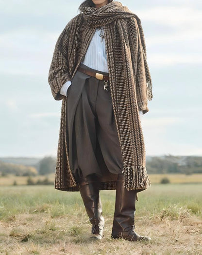 Wool-blend loose-fitting pleated trousers