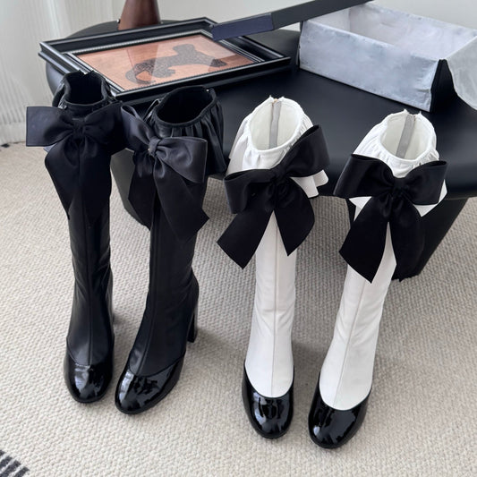 Women's genuine leather round toe chunky heel bowknot boots