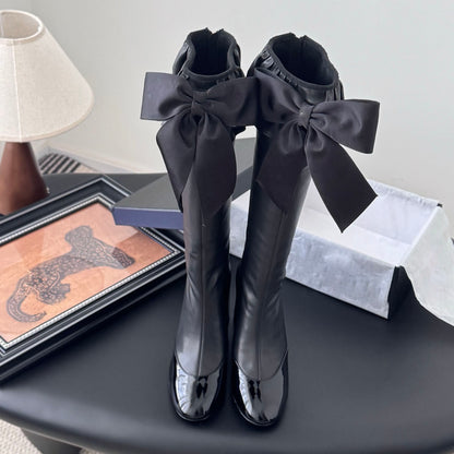 Women's genuine leather round toe chunky heel bowknot boots