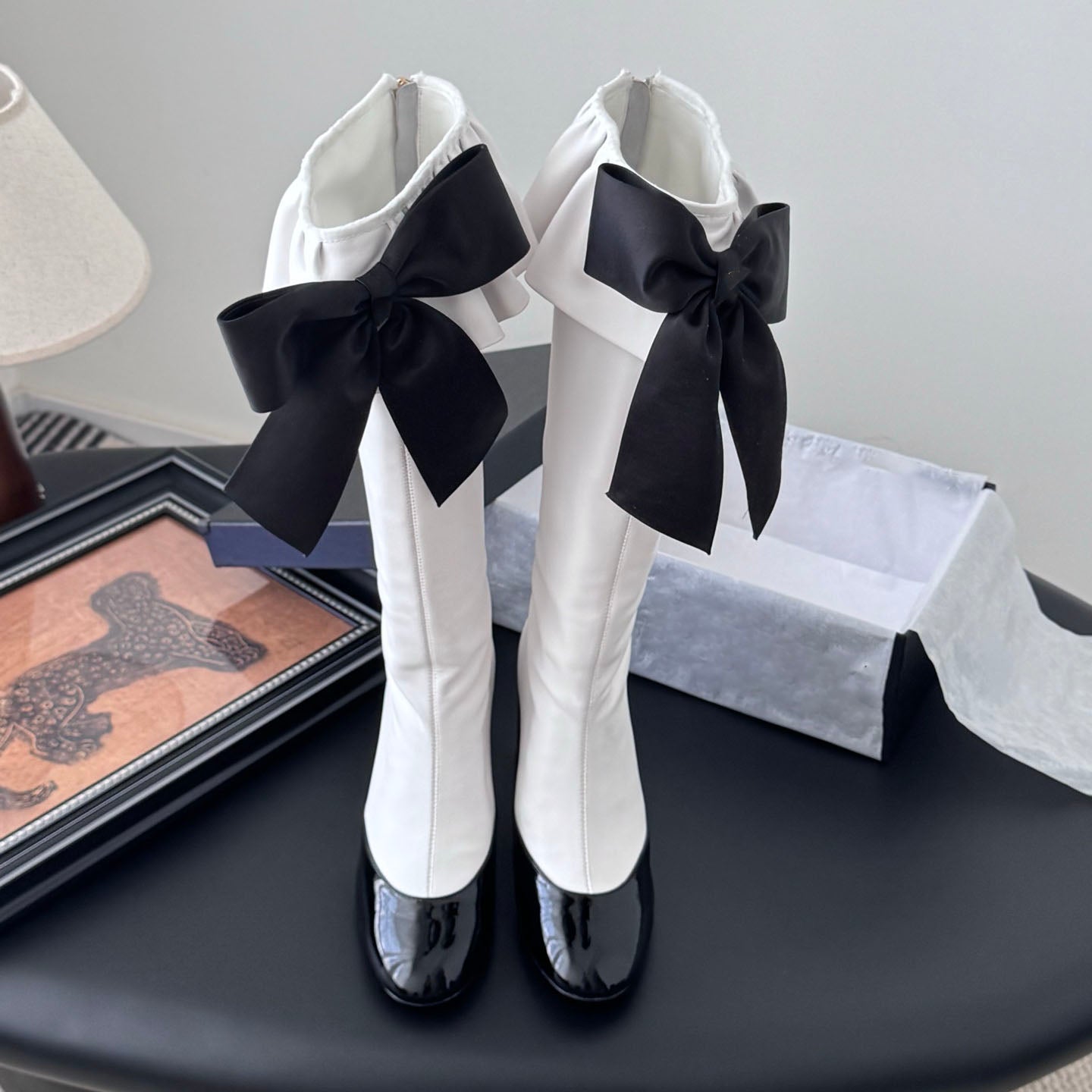 Women's genuine leather round toe chunky heel bowknot boots
