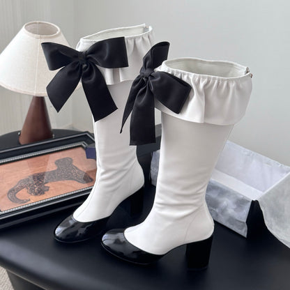 Women's genuine leather round toe chunky heel bowknot boots
