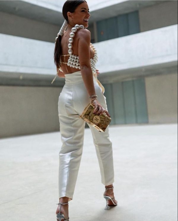 White pearl suspenders two-piece set