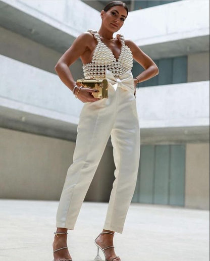 White pearl suspenders two-piece set
