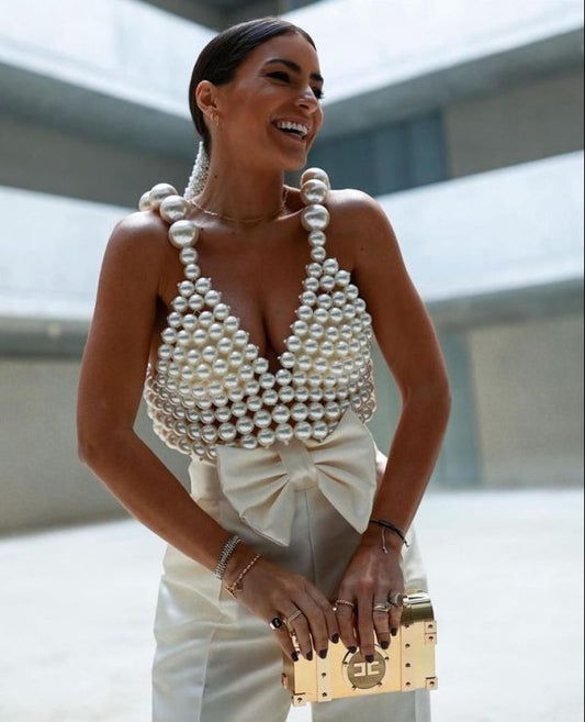 White pearl suspenders two-piece set