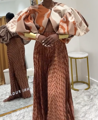 Exaggerated flower bud sleeve top + draped long skirt set