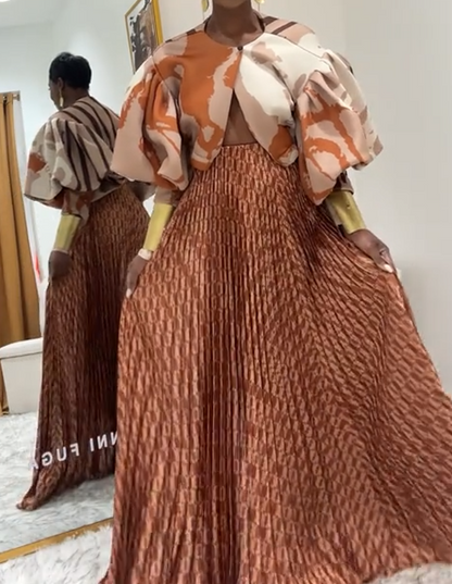 Exaggerated flower bud sleeve top + draped long skirt set
