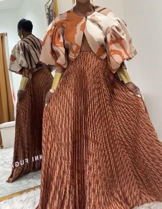 Exaggerated flower bud sleeve top + draped long skirt set