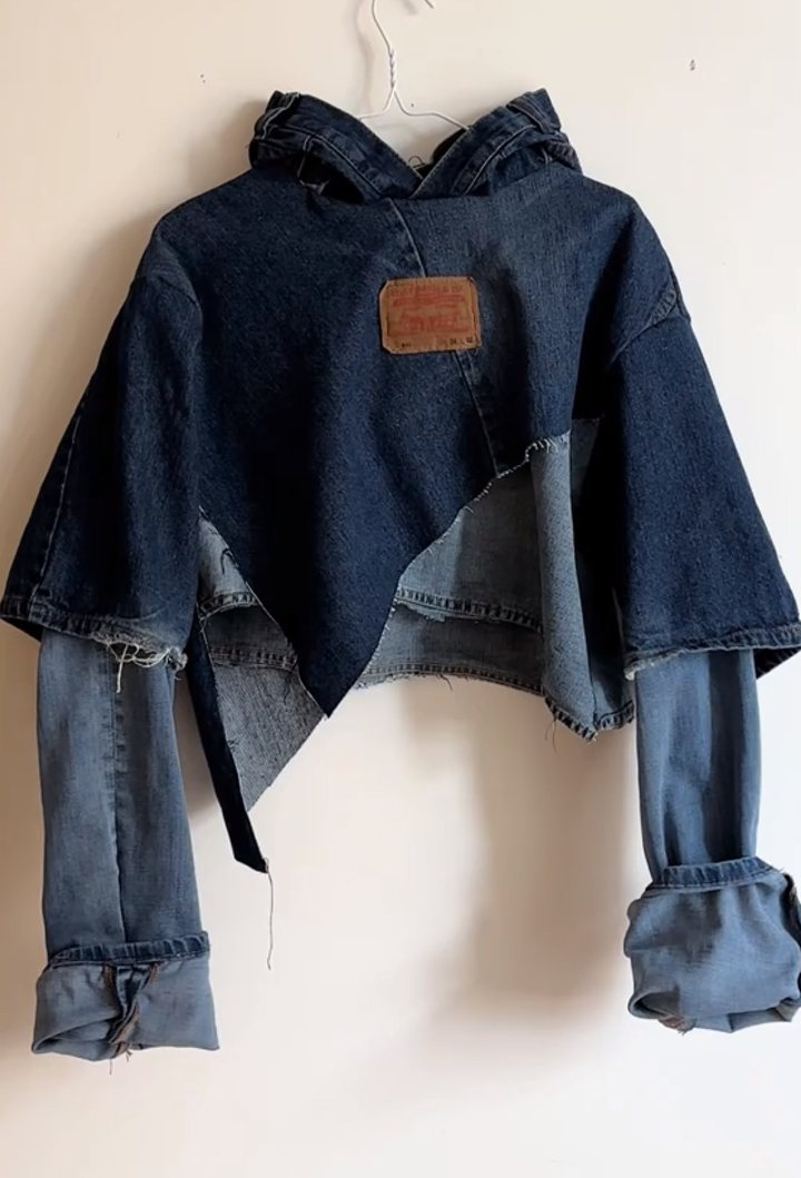 Irregular denim patchwork cropped hoodie